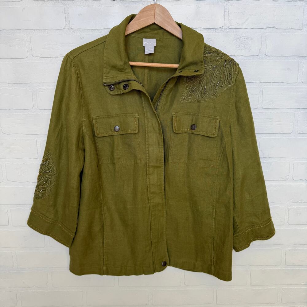 Chico's Women's 100% Linen Green Leaf Beads 3/4 Sleeve Button Jacket -sz 2 12/14